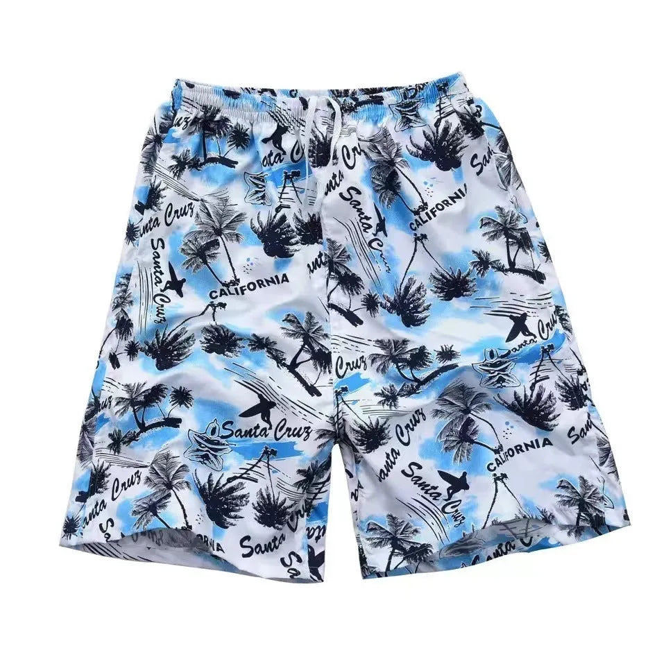Men's floral printed swimming shorts in polyester fabric showing multiple colour design options