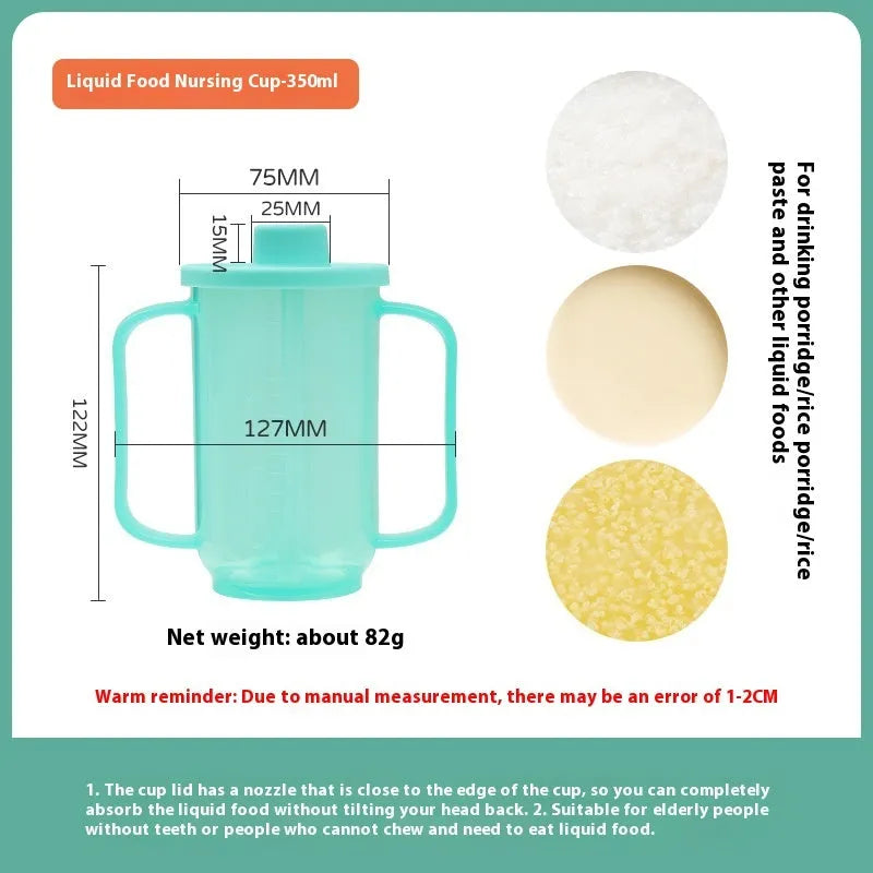 Bedside drinking cup with slanted mouth, handle, and optional wrist splint for adult care