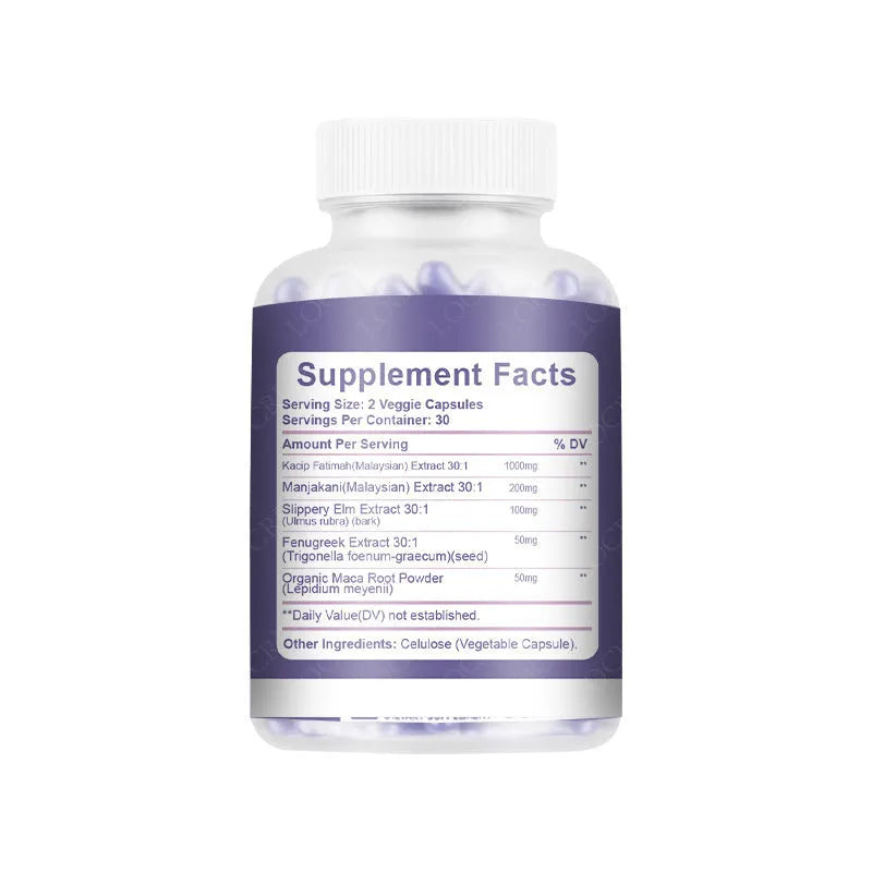 Bottle containing 60 vaginal capsules with herbal extract for adult women's intimate care