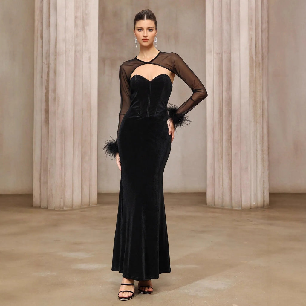 Black velvet tube top dress and semi-transparent mesh top two-piece set with lace trim for women