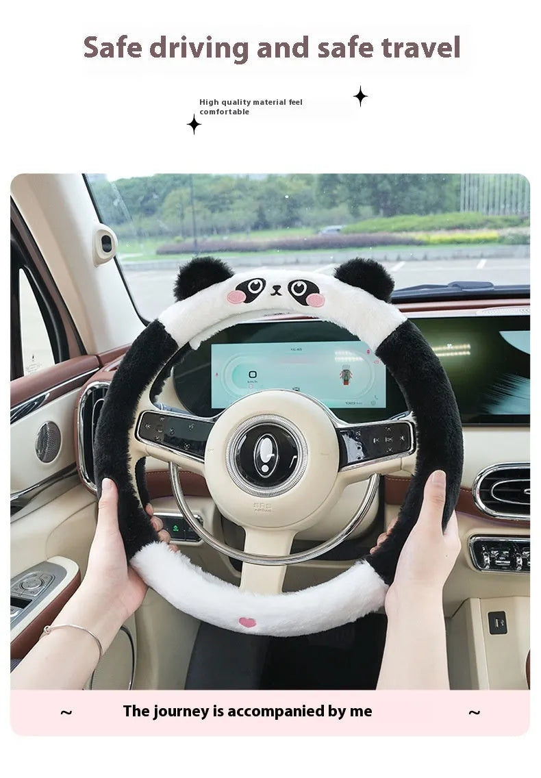 Plush rabbit fur steering wheel cover with embroidered cartoon animal design for winter thermal comfort