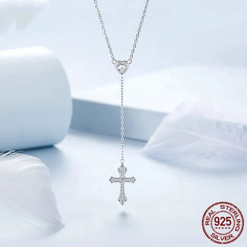 Women's 925 silver cross pendant necklace on an adjustable O-ring chain, antique silver finish.