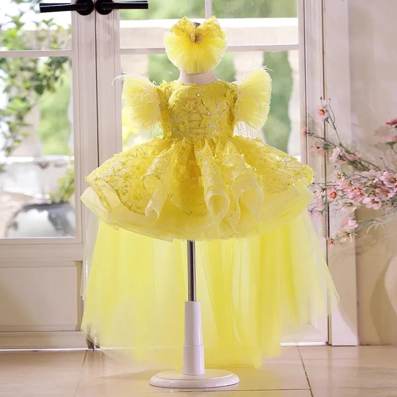 Girls princess costume dress in yellow short sleeve version, suitable for catwalk and piano performance