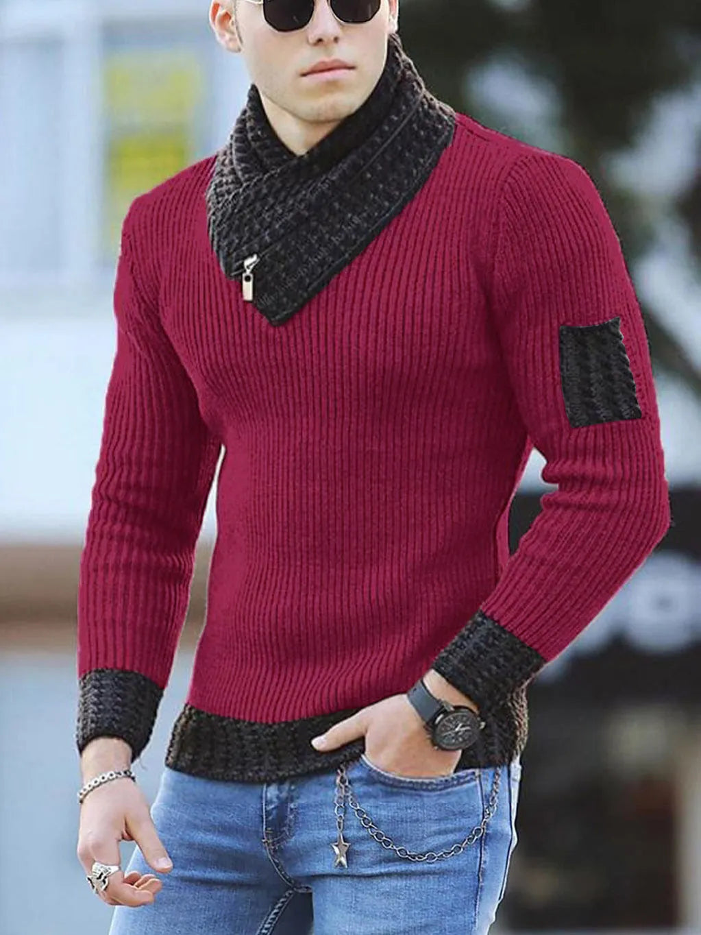 Men's casual slim knit pullover with scarf collar in khaki, ribbed bottom hem, long sleeves