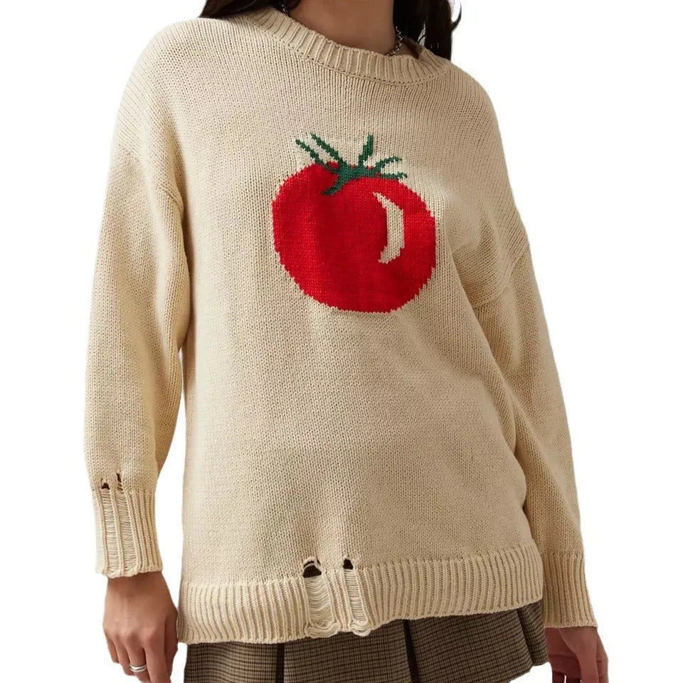 Women's loose-fitting acrylic jacquard pullover sweater in milky white with round neck and long sleeves