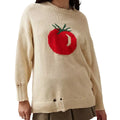 Women's loose-fitting acrylic jacquard pullover sweater in milky white with round neck and long sleeves