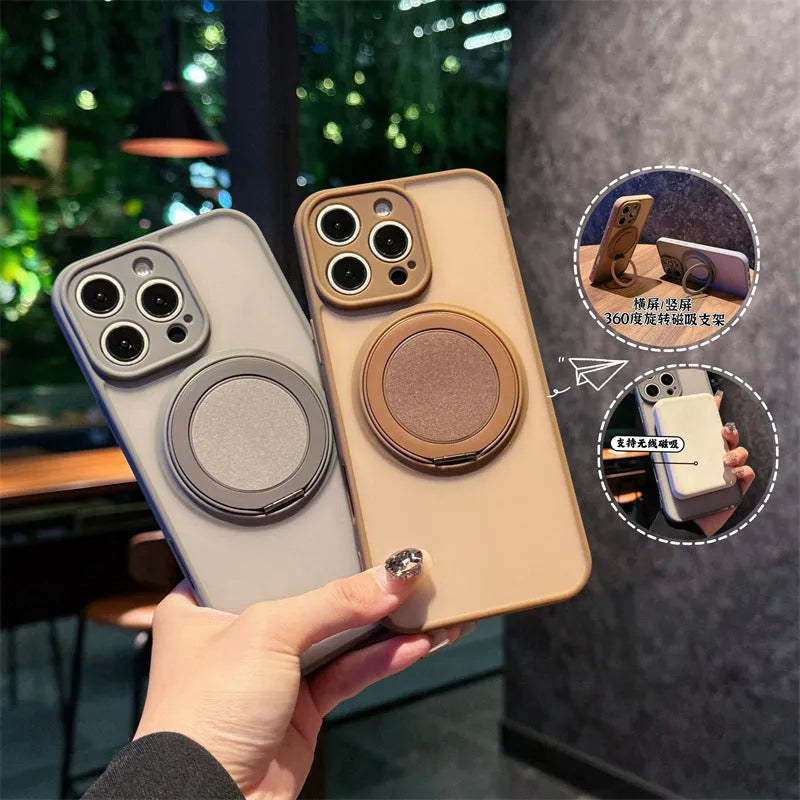 Frosted magnetic rotating bracket phone case for IPhone 17 series in multiple colour options showing bracket extended.