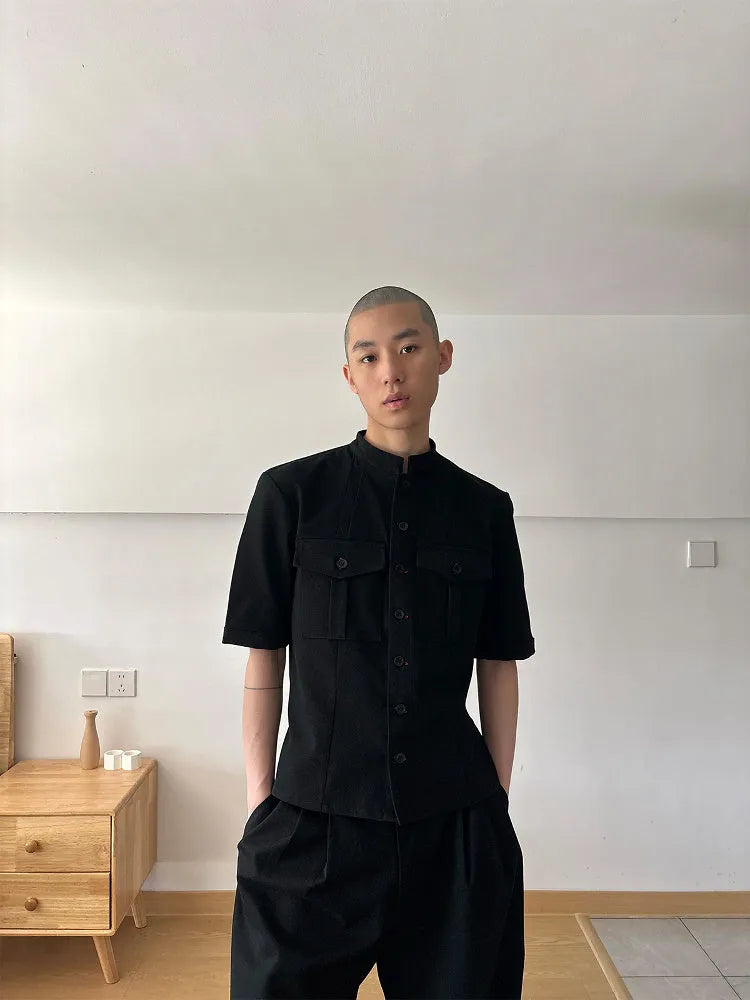 Handmade black half-sleeve hunting shirt with shirt collar and single-breasted design