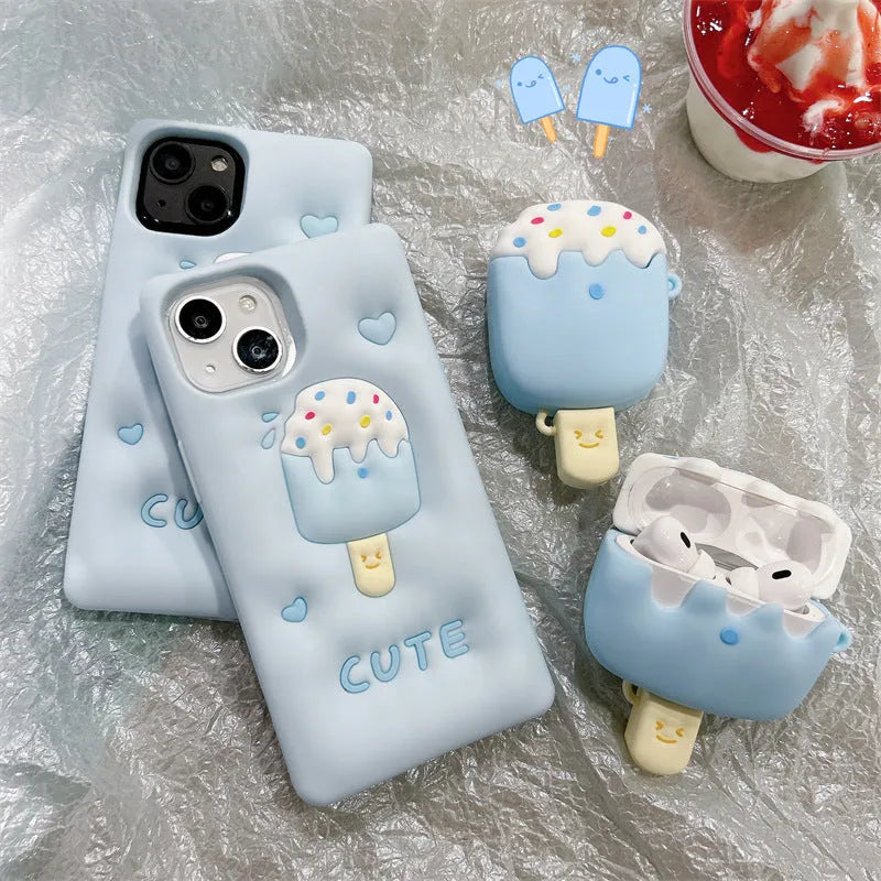 Silicone ice cream cartoon protective cover for Apple AirPods case in blue snow strip hook design