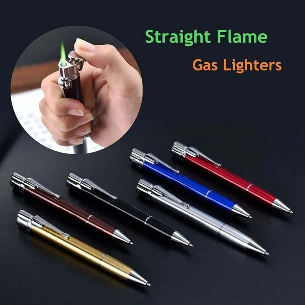 Slim metal windproof jet lighter pen in assorted colours showing refillable butane port and ignition button.