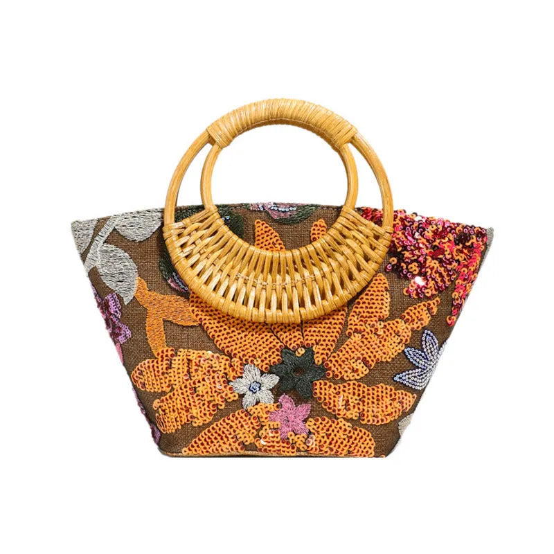 Cotton linen cylinder bag with sequin embroidery in lavender