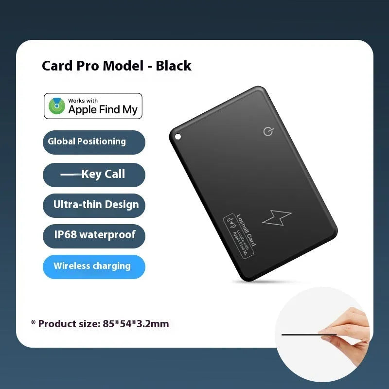 Black slim Find My compatible Bluetooth tracking card with rechargeable battery for keys and wallets.