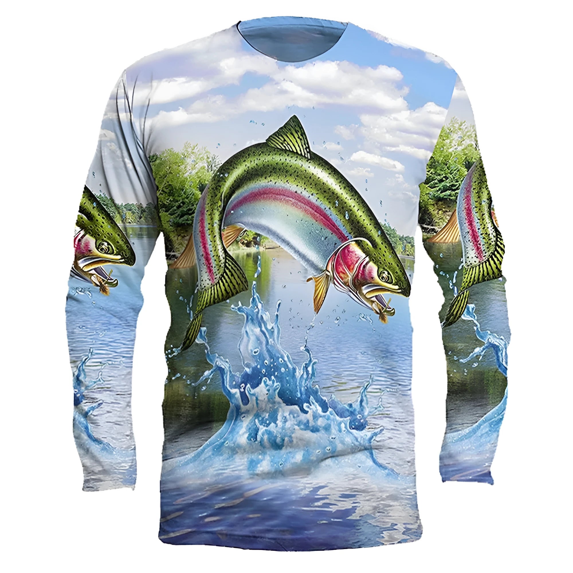 Men's milk silk pullover with fish print design showing round neck and long sleeves in available colours