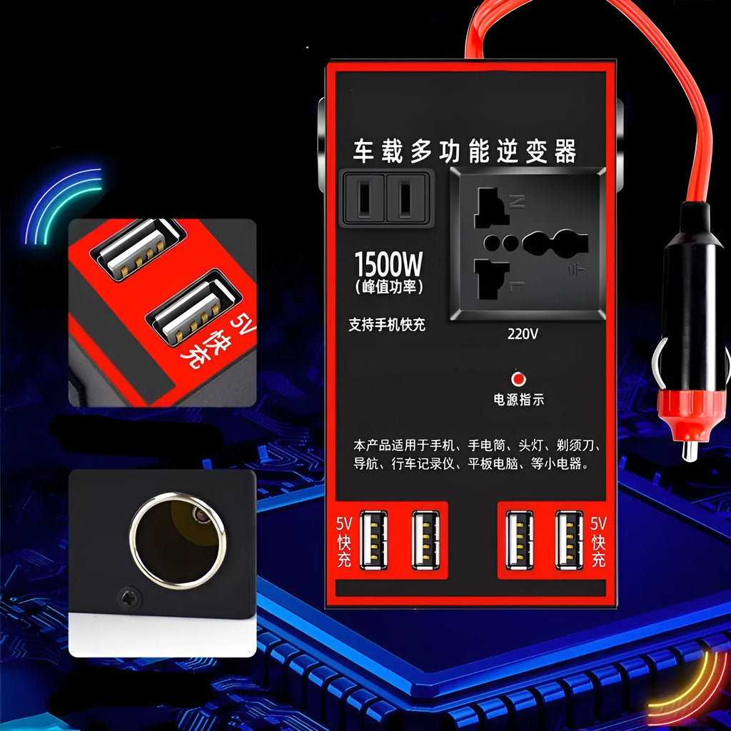 Black automotive power converter with 220V socket and USB ports for car cigarette lighter