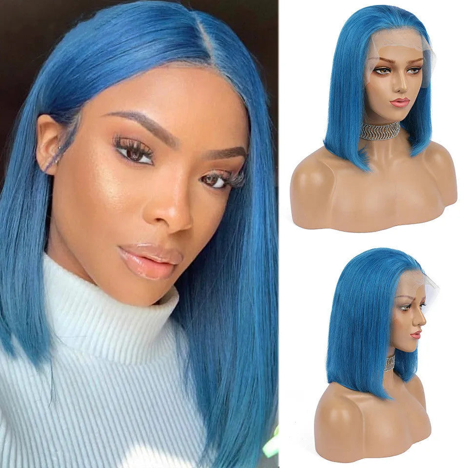 Green human hair short bob wig with machine-made cap, 613 color, available in 8 to 14 inch lengths