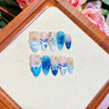 Blue hand-painted carved summer ice transparent plastic fake nails set for women
