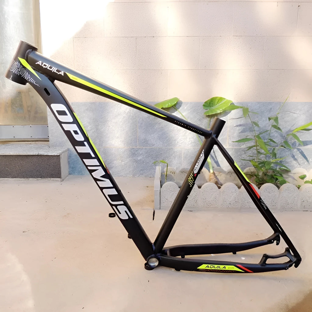 Black green aluminium mountain bike frame for 29-inch wheels with internal cable routing