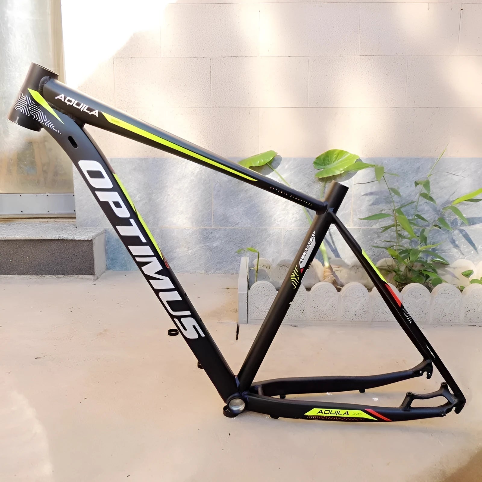 Black green aluminium mountain bike frame for 29-inch wheels with internal cable routing