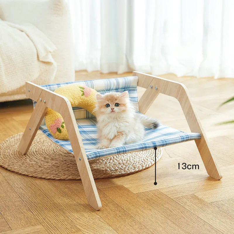 Wooden elevated cat beach chair bed with cloth hammock in green or blue colour options