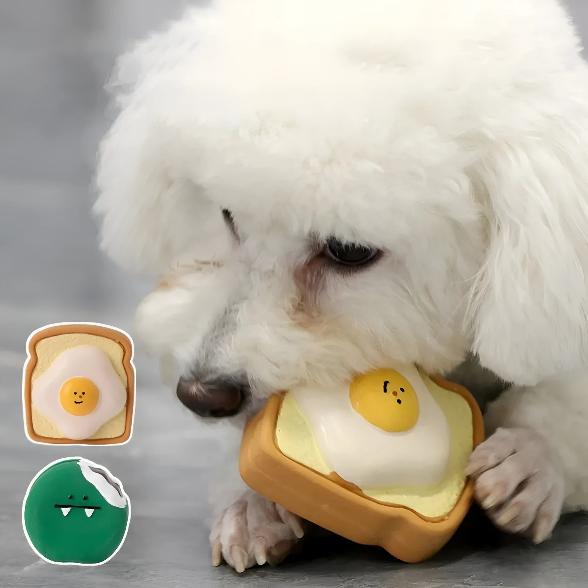 Yellow latex dog chew toy shaped like cartoon bread with squeaker inside
