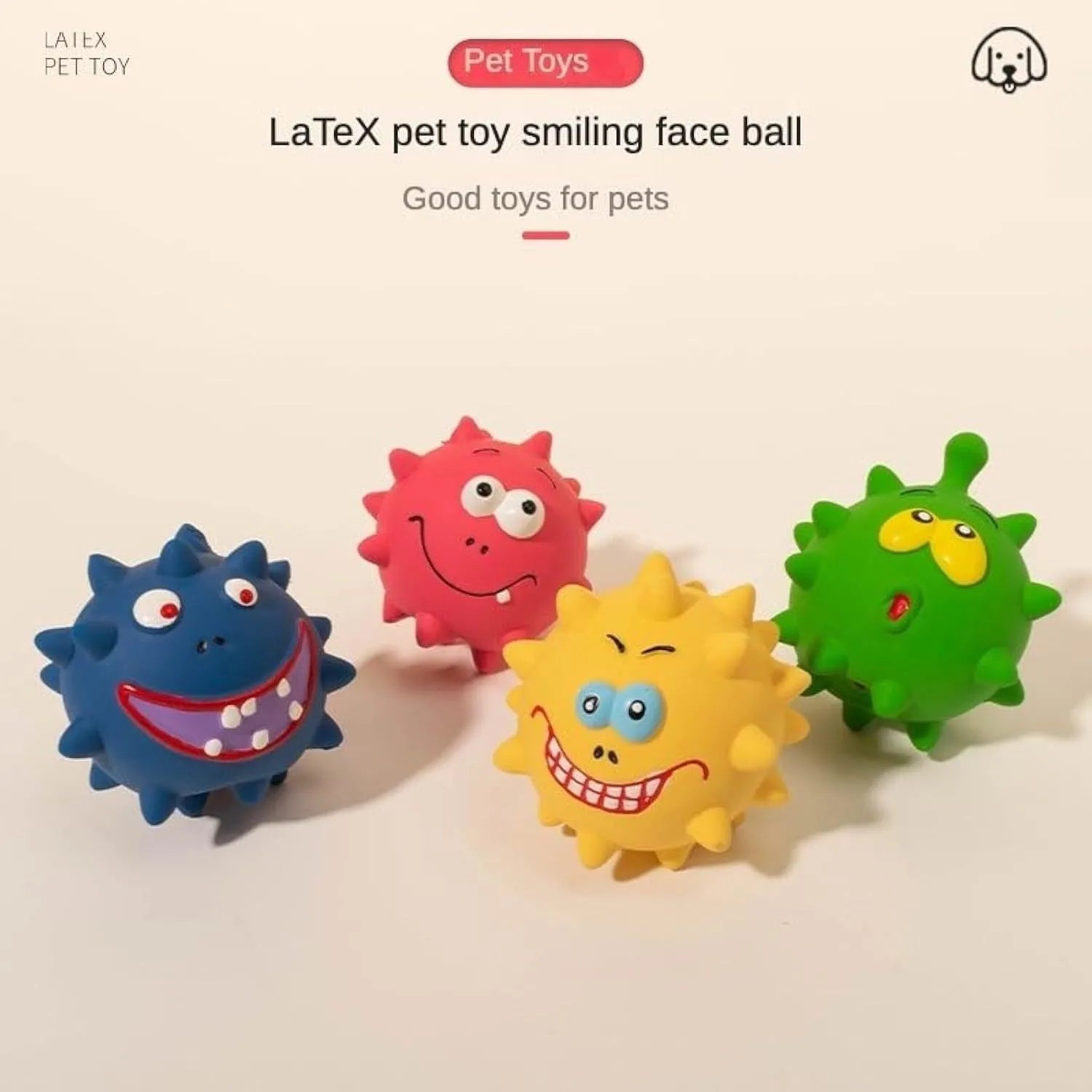 Four natural latex rubber dog squeaky balls with cute faces in blue, green, red and yellow colours