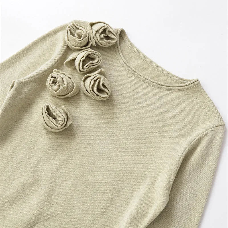 Women's round neck floral embellished striped knit sweater with long sleeves and contrast colour detail