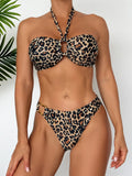 Women's leopard print lace-up tube top two-piece swimsuit bikini set in polyester fabric