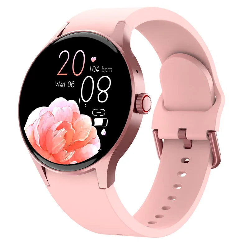 Black Bluetooth smart sport watch with round touch screen on a wrist, showing IP68 waterproof rating and magnetic charger.