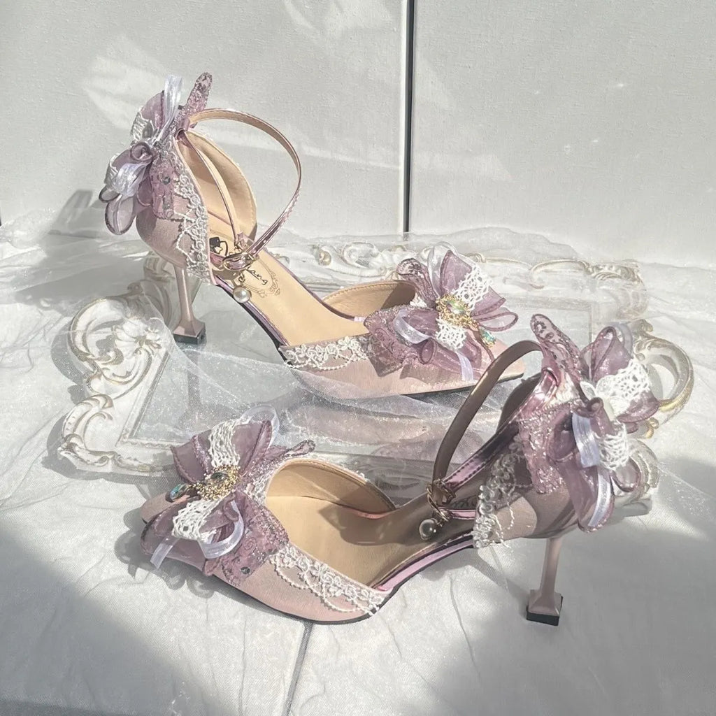 Purple satin Lolita shoes with flat heel and square toe design for wedding fashion