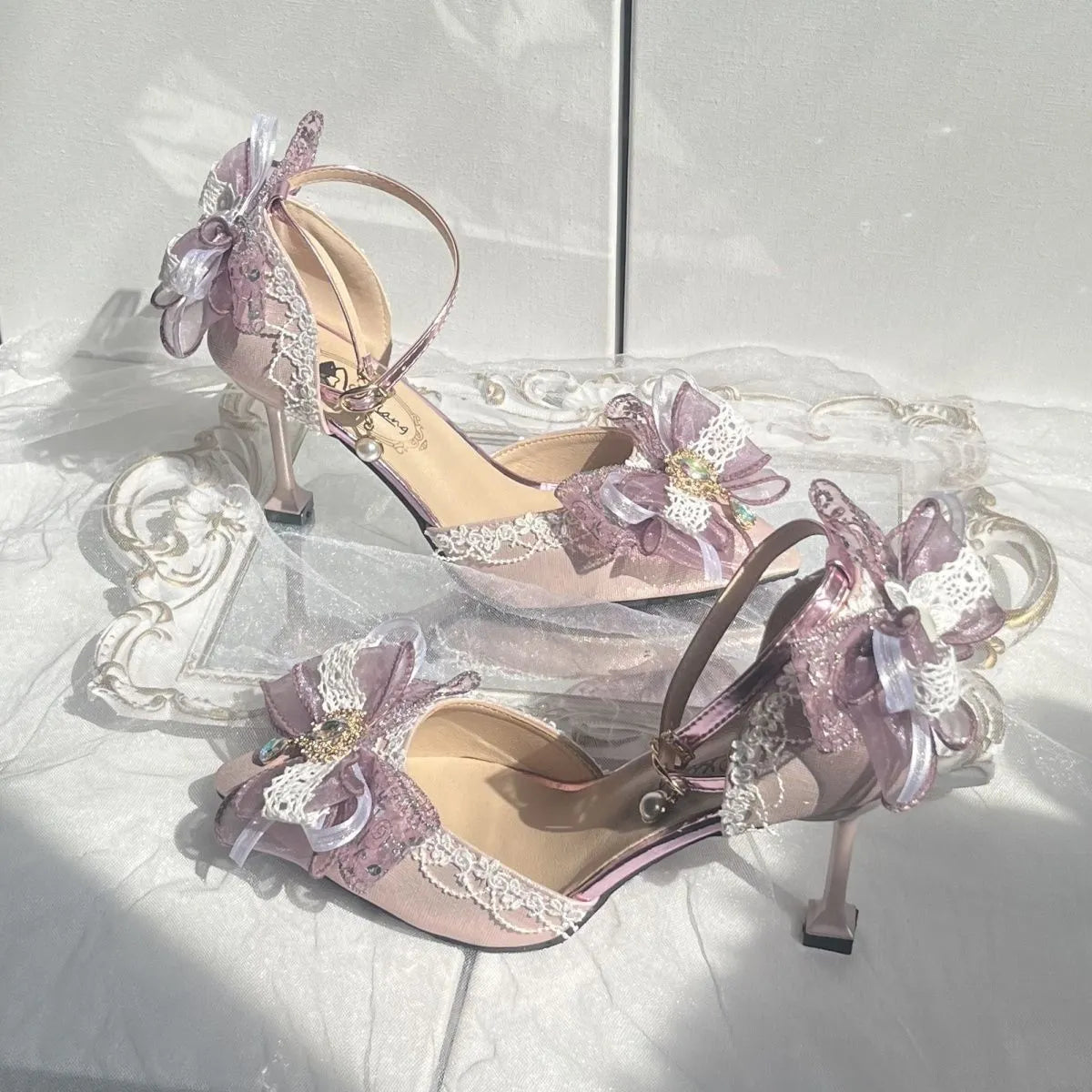 Purple satin Lolita shoes with flat heel and square toe design for wedding fashion