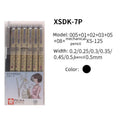 Pack of 7 Sakura Pigma Micron pens in assorted nib sizes from 0.2mm to 0.5mm with a 0.5mm pencil on white background