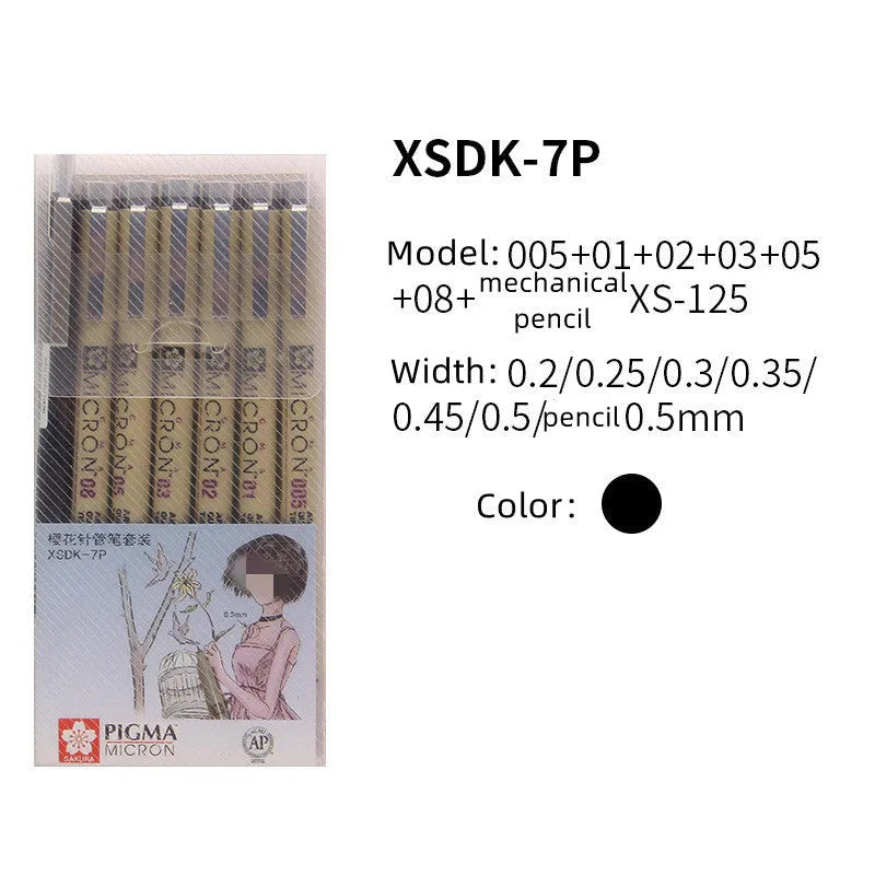 Pack of 7 Sakura Pigma Micron pens in assorted nib sizes from 0.2mm to 0.5mm with a 0.5mm pencil on white background