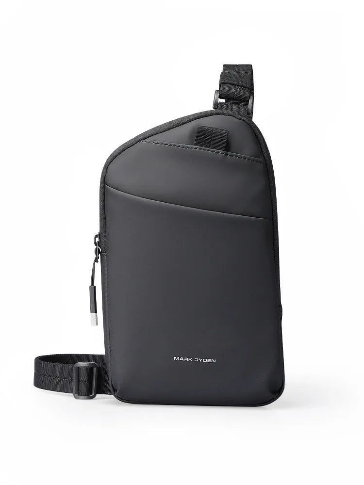 Men's black oxford cloth crossbody bag with sewing thread reinforcement