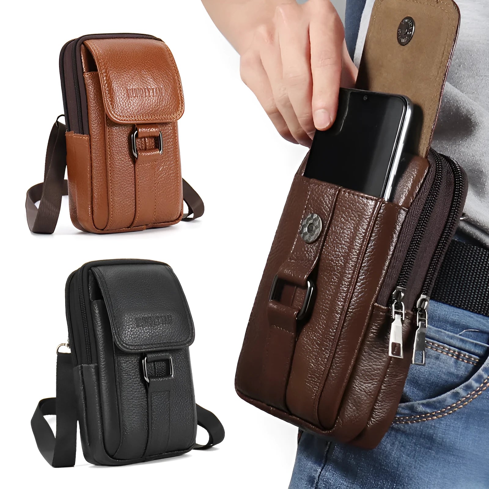 Genuine leather men's mobile phone waist bag in square vertical shape with sewing line detailing black large size