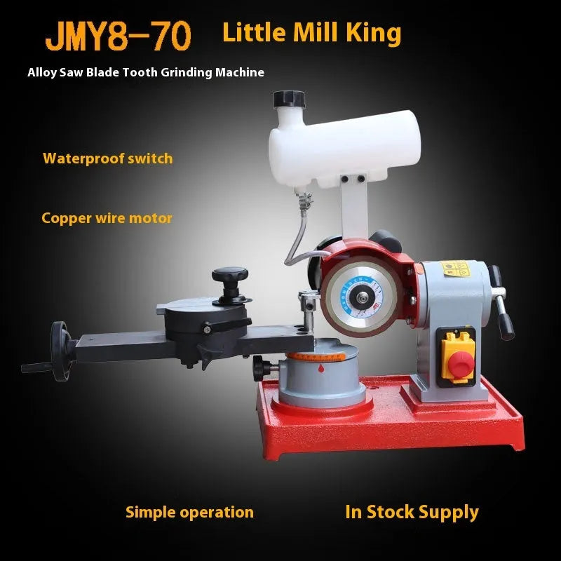Sharpedge grinding machine for sharpening alloy circular saw blades on a workshop bench.