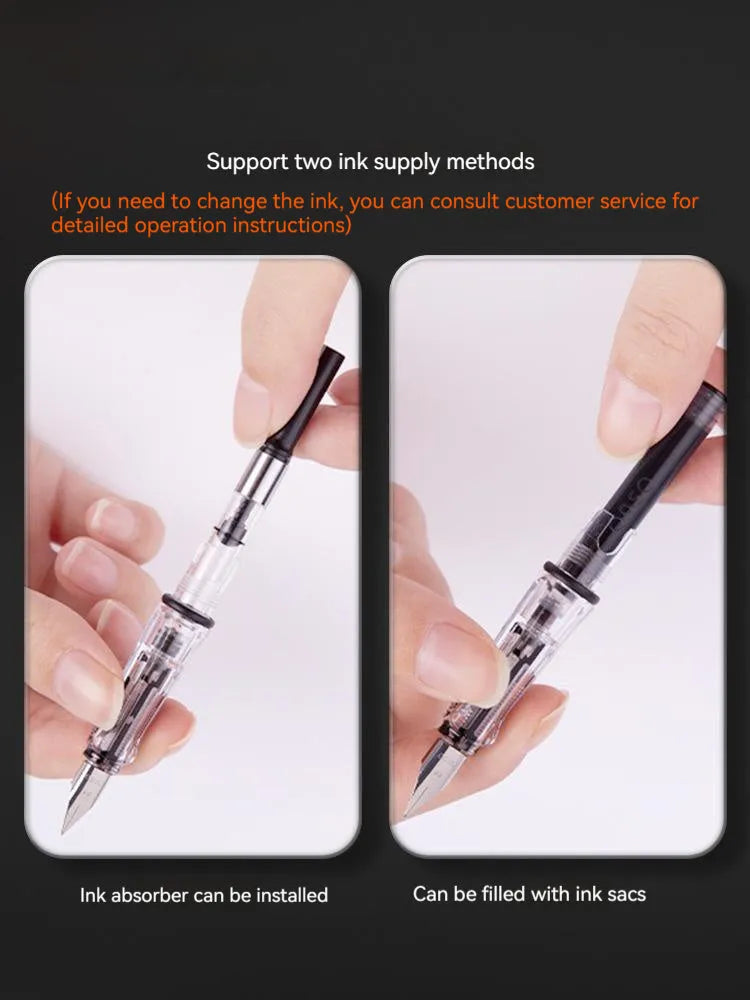 Student automatic suction pen set with plastic shell, choice of 0.38mm or 0.5mm tips, and complete packaging including handbag
