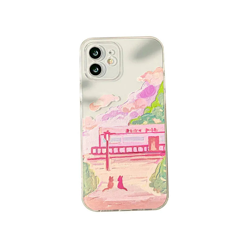 Soft silicone iPhone case with a colourful two cats cartoon design on the back.