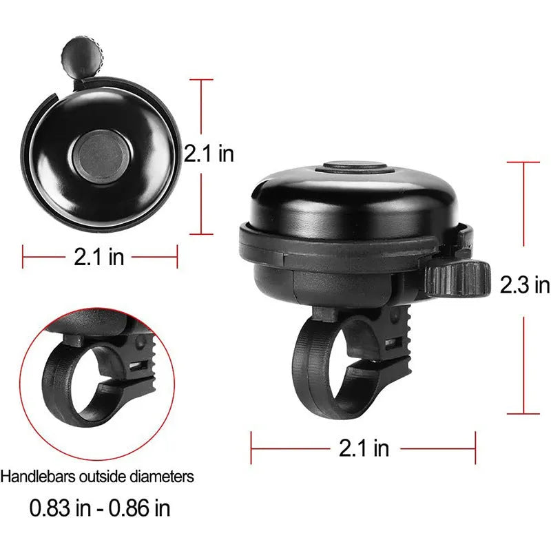 Black 58mm bicycle bell with mountain bike mounting fixture for handlebars