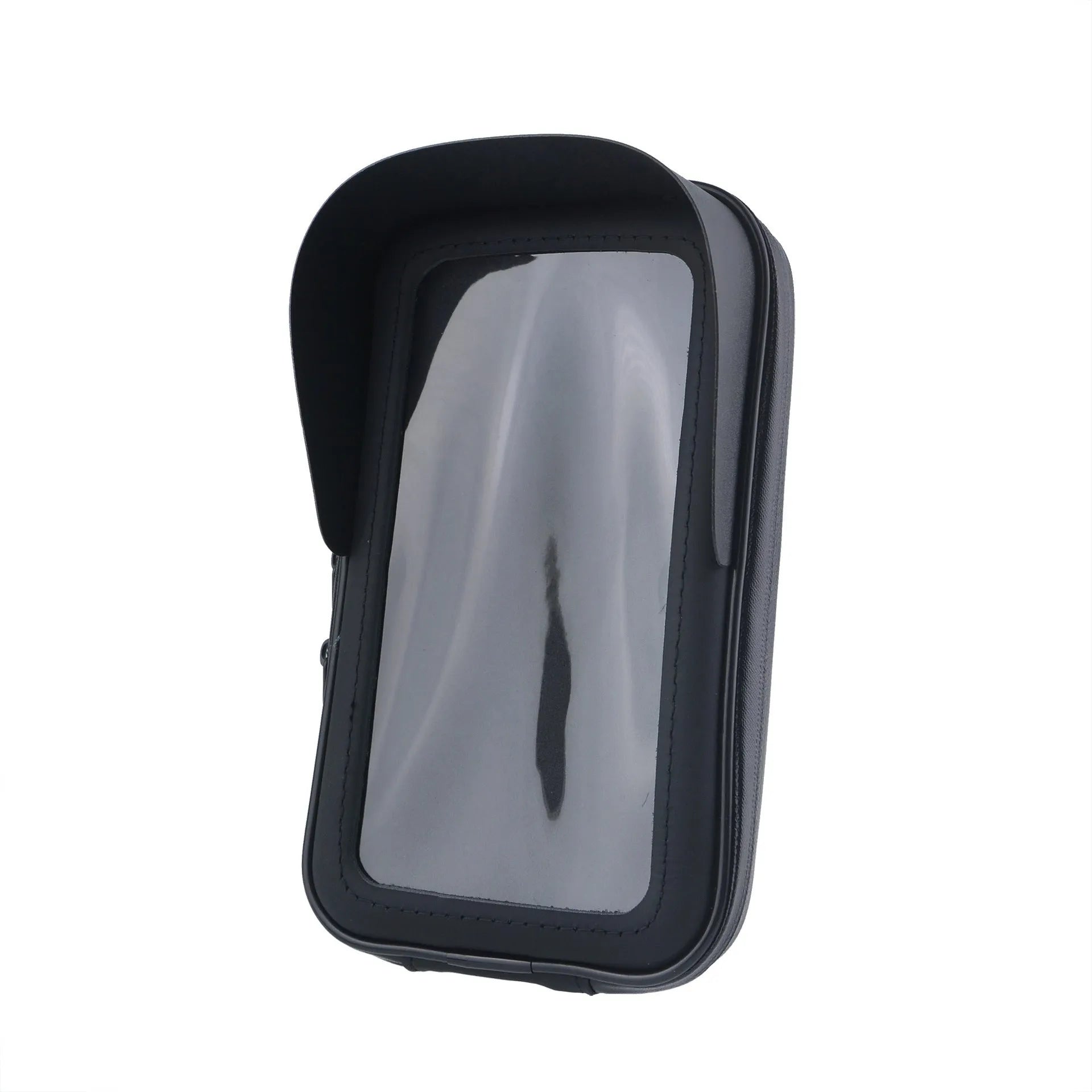 Black bicycle waterproof phone bag bracket mounted on handlebars, showing PU leather construction and sun visor.