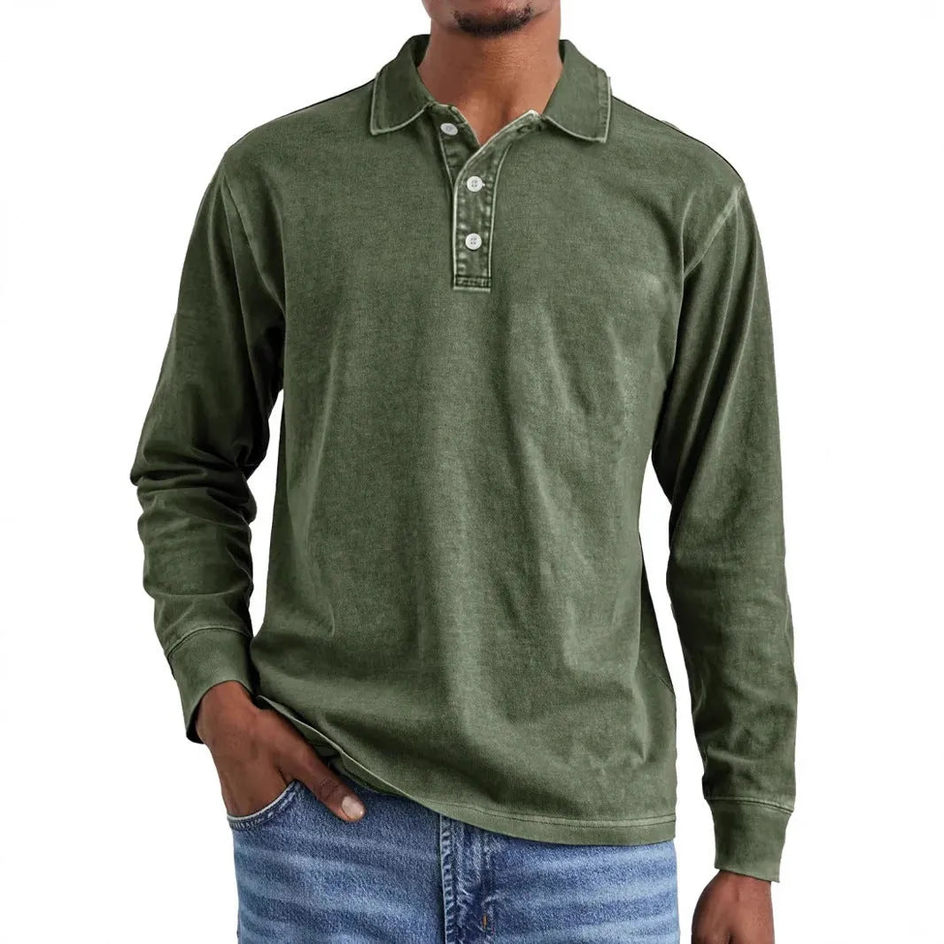 Men's retro washed distressed pure cotton lapel collar long sleeve polo shirt