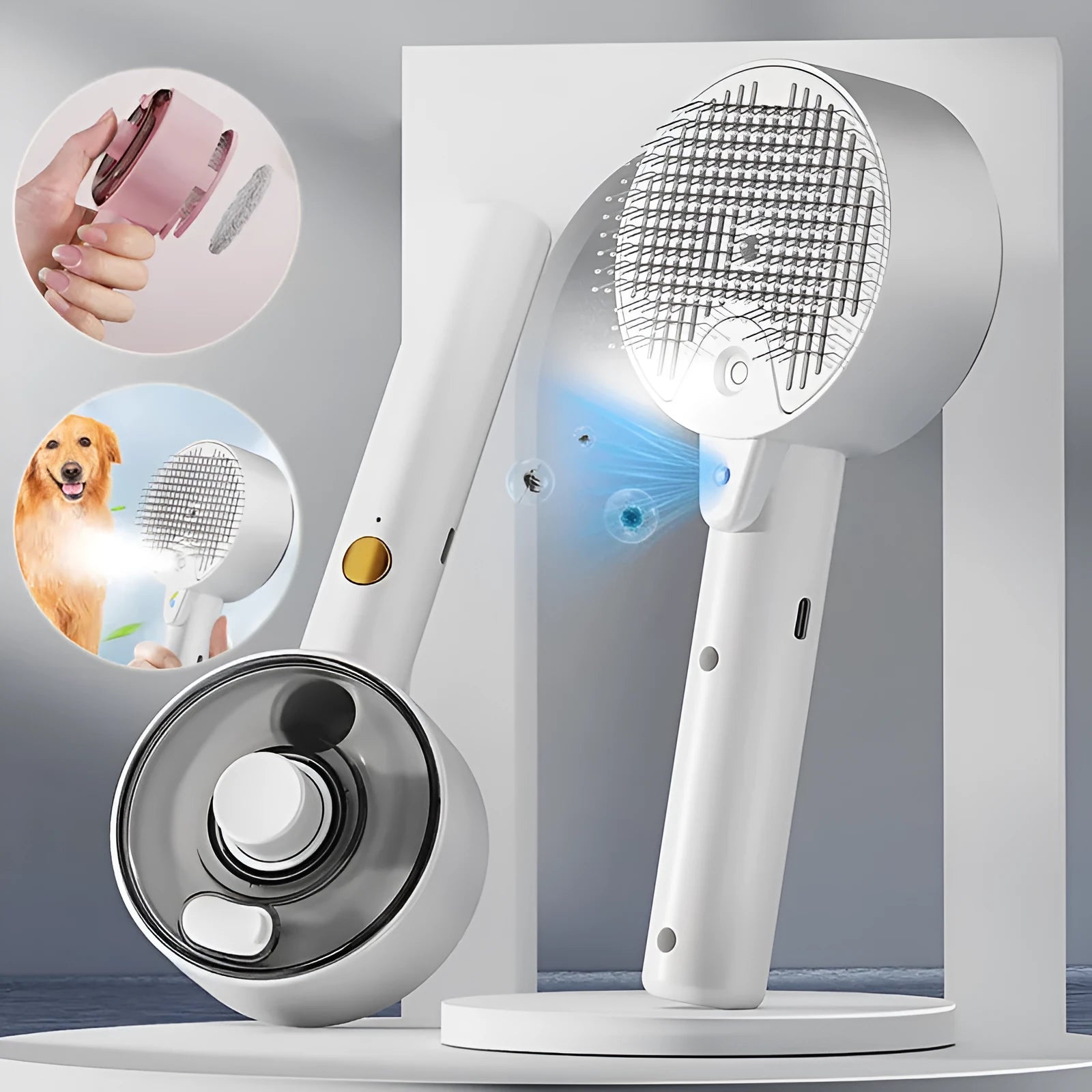 Ceramic White pet grooming brush with UVC light and essential oil spray tank for dogs and cats.