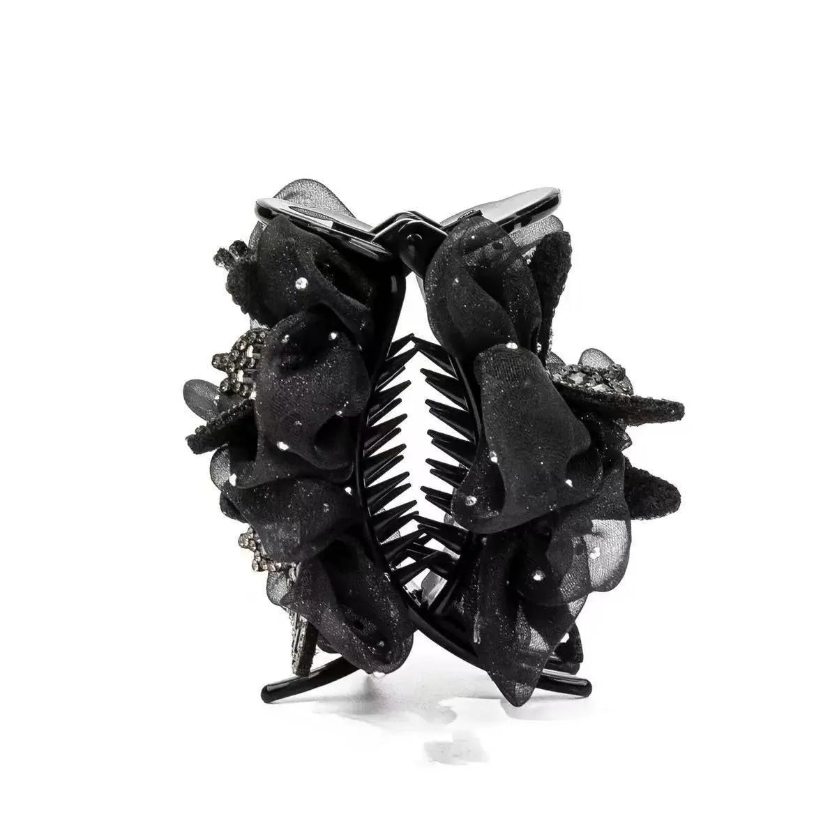 Double butterfly black veil bun grip barrette for women, single black hair accessory with butterfly detail