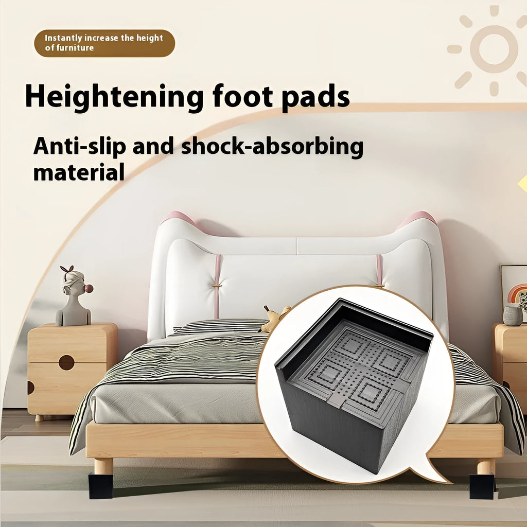 Four black plastic bed foot mats for sofa height increase on hard flooring