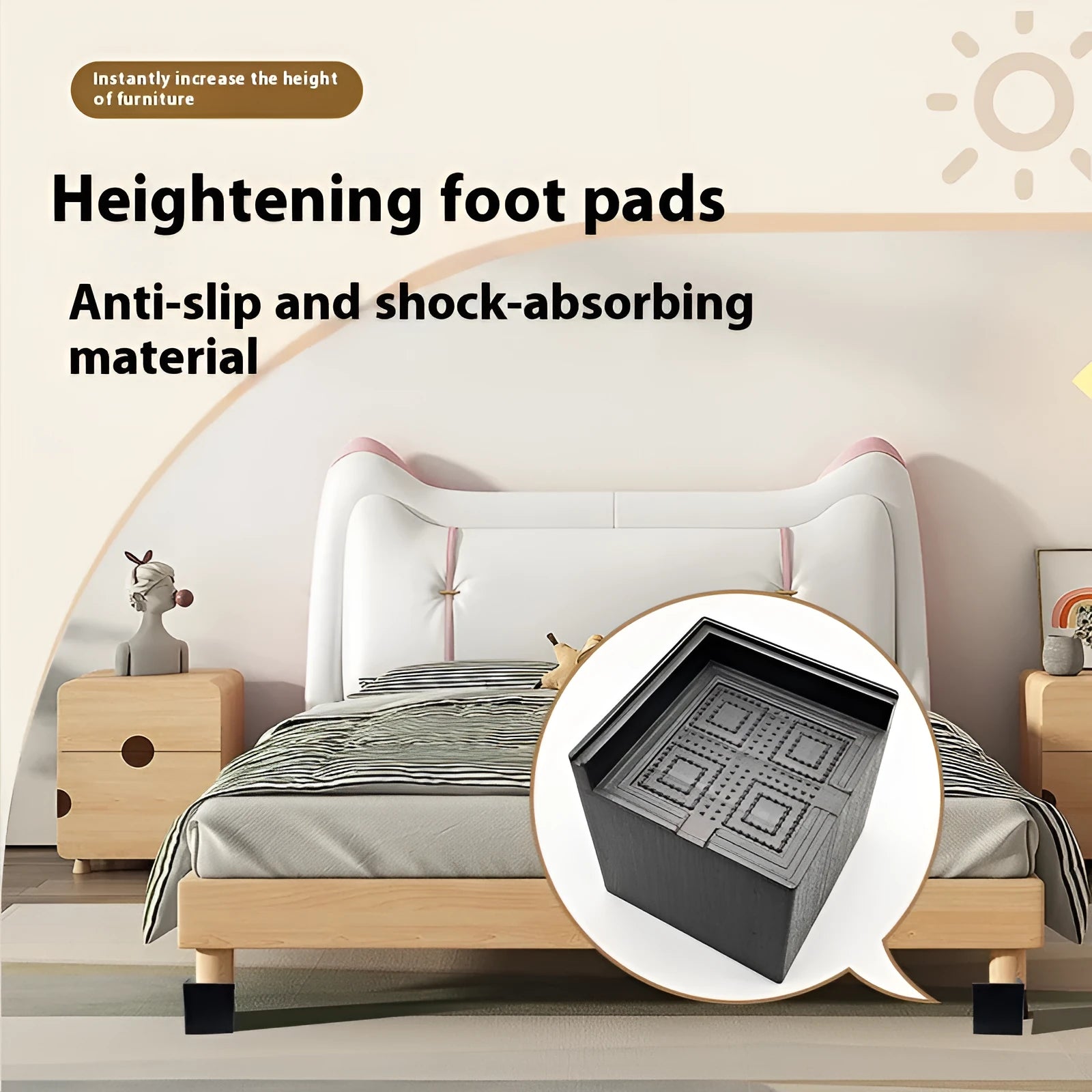 Four black plastic bed foot mats for sofa height increase on hard flooring