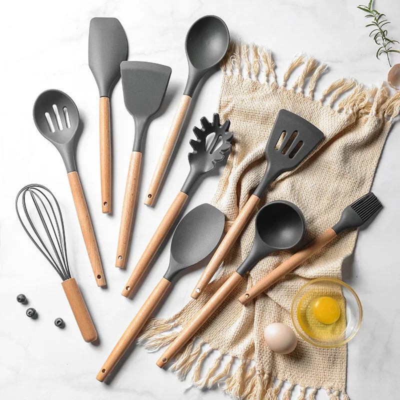 12-piece silicone kitchenware set with wooden handles in modern simplicity style, assorted colour box packaging