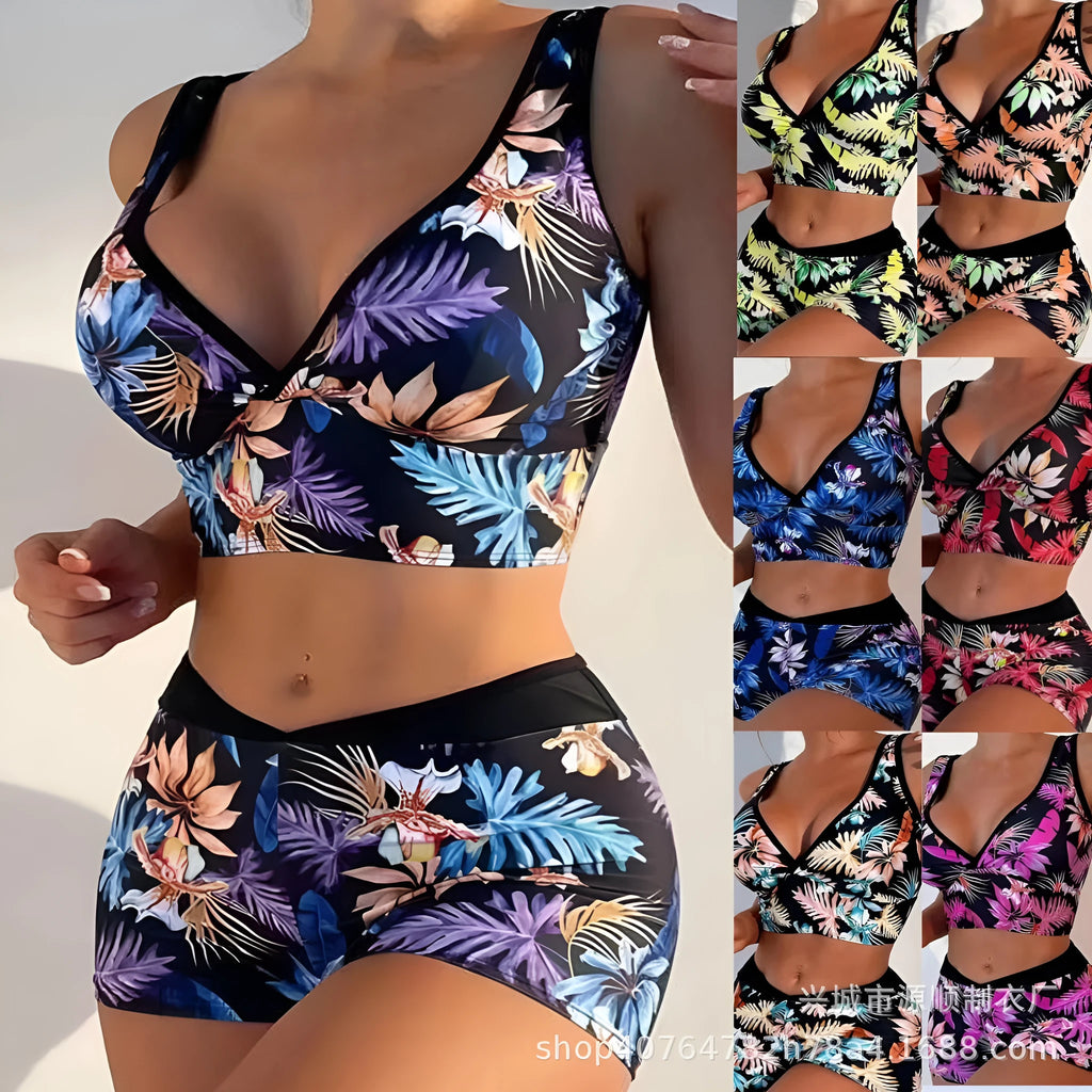 Women's two-piece printed boxer briefs swimsuit set in a multi-colour design