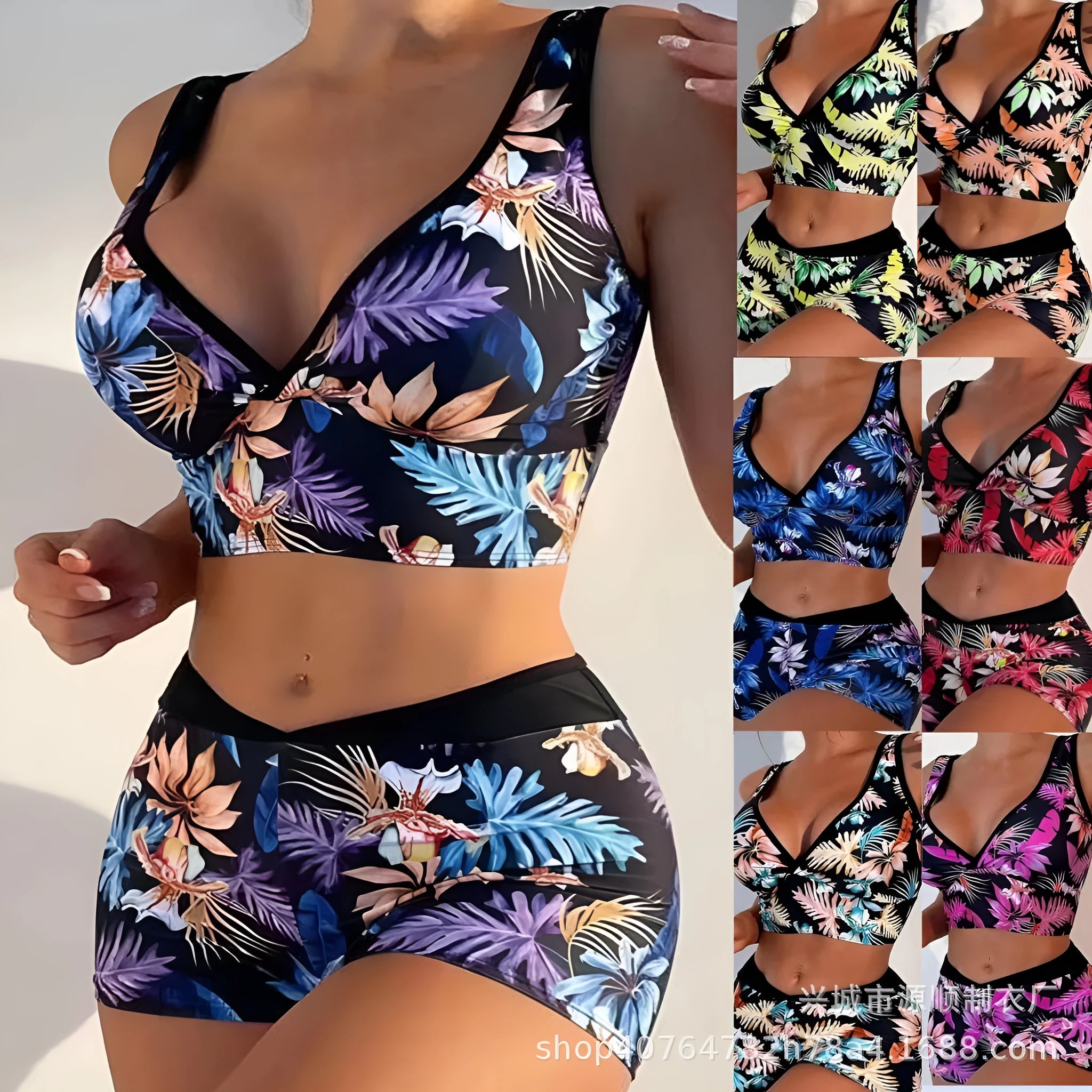 Women's two-piece printed boxer briefs swimsuit set in a multi-colour design