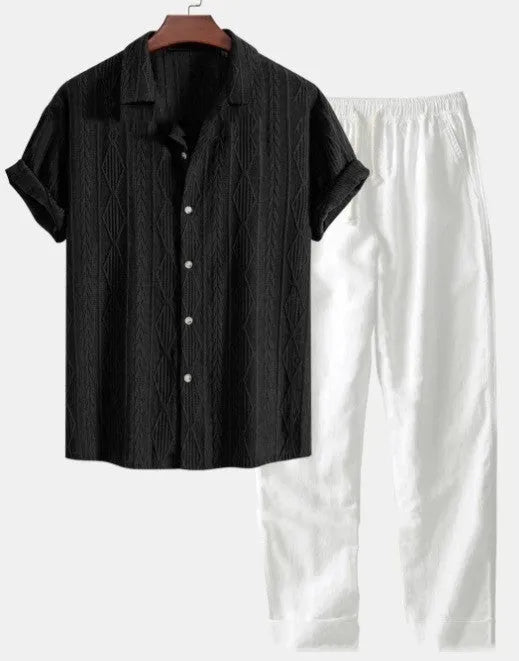 Men's loose short sleeve shirt and trousers suit in milk silk fabric for summer