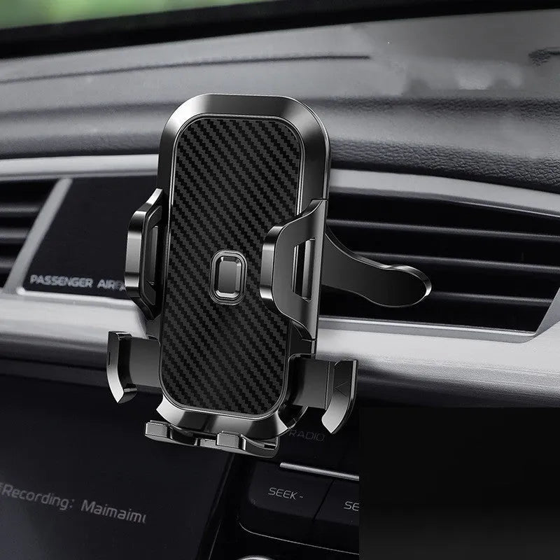 Carbon fibre car phone holder with telescopic suction cup and 360-degree rotation mounted on dashboard