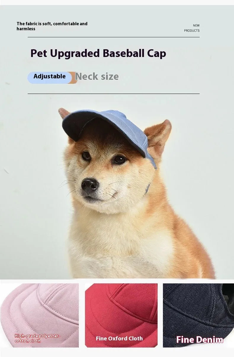 Pet baseball cap for dogs and cats in pink, red, blue, denim blue, or cowboy black, with sun-proof brim and sizes S, M, L